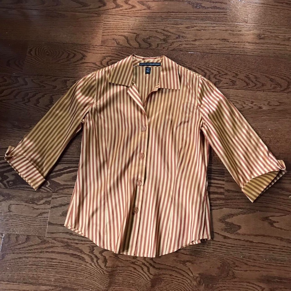 Ellen Tracy Striped Button-Front Top in Cream and Brown